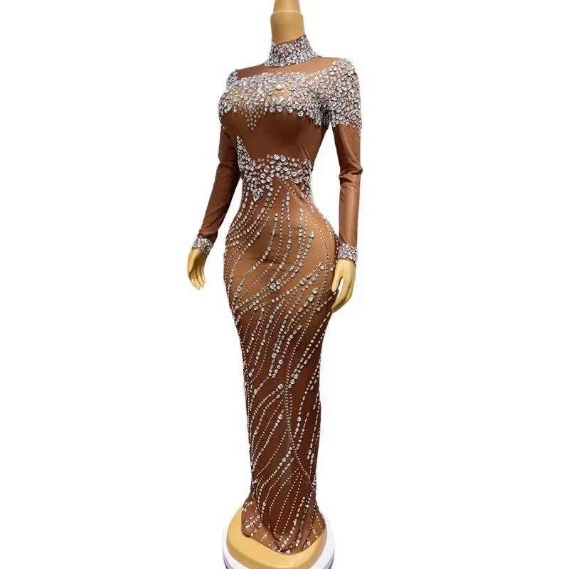 Women Sexy Brown Long sleeved Crystal Diamond Tulle High Elastic Skirt Elegant Party Evening Dress Stage Performance Dress