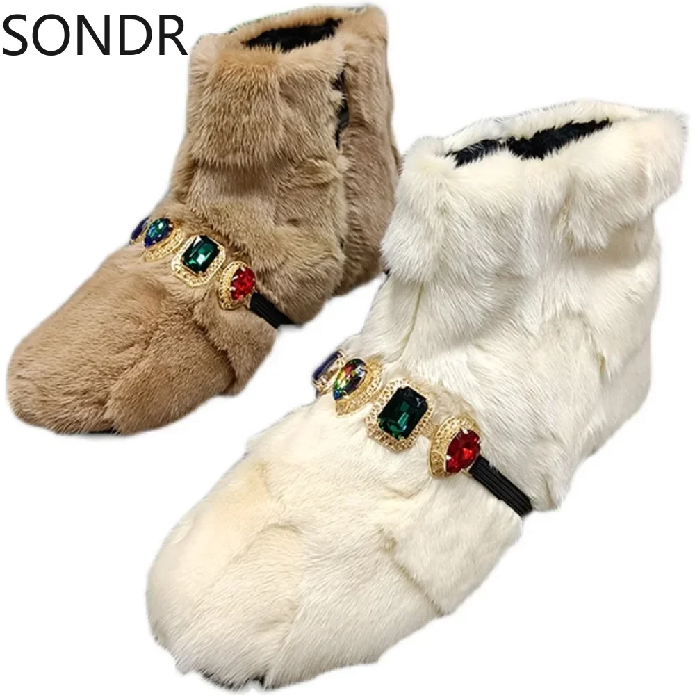 Womens Round Toe Rainbow Diamond Real Mink Fur Ankle Boots Snow Warm Winter Shoes Crystal Thick Furry 7Colors Luxury New 2024