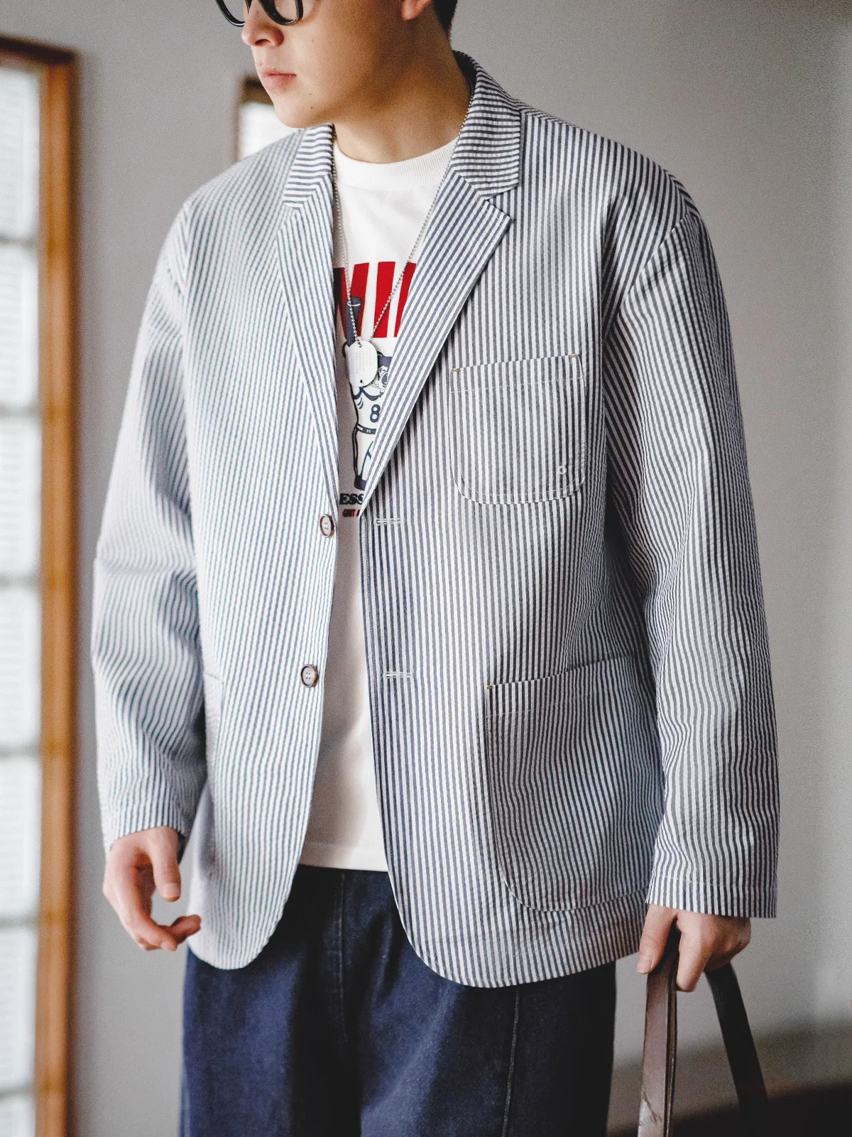 

Maden повседневная американская полосатая куртка Bubble irt Jaet свободного покроя с плоским воротником, мужская осенняя верхняя одежда из смеси хлопка из полиэстера