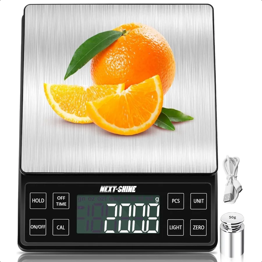 

Кухонные весы для еды, 11 фунтов, 0,1 г, 0,01 унции, точные выпускные, 9 единиц, перезаряжаемые цифровые весы, платформа из нержавеющей стали, ЖК-дисплей