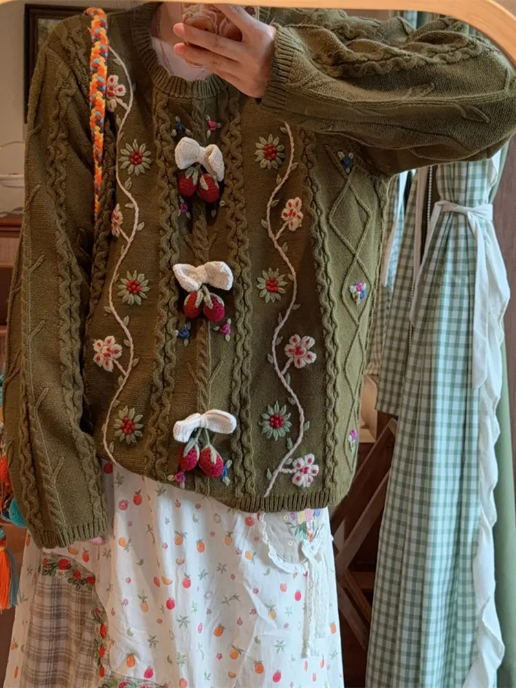 

120cm Bust Fall Winter Pullovers Sweaters Women Vintage Elegant Loose Handmade Crochet Embroidery Warm Wool Knitted Sweaters