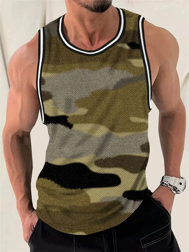 Camisetas sin mangas con estampado de camuflaje retro para hombre, moda de verano, ropa urbana, chaleco con cuello redondo impreso en 3D, holgado, transpirable, para uso diario.