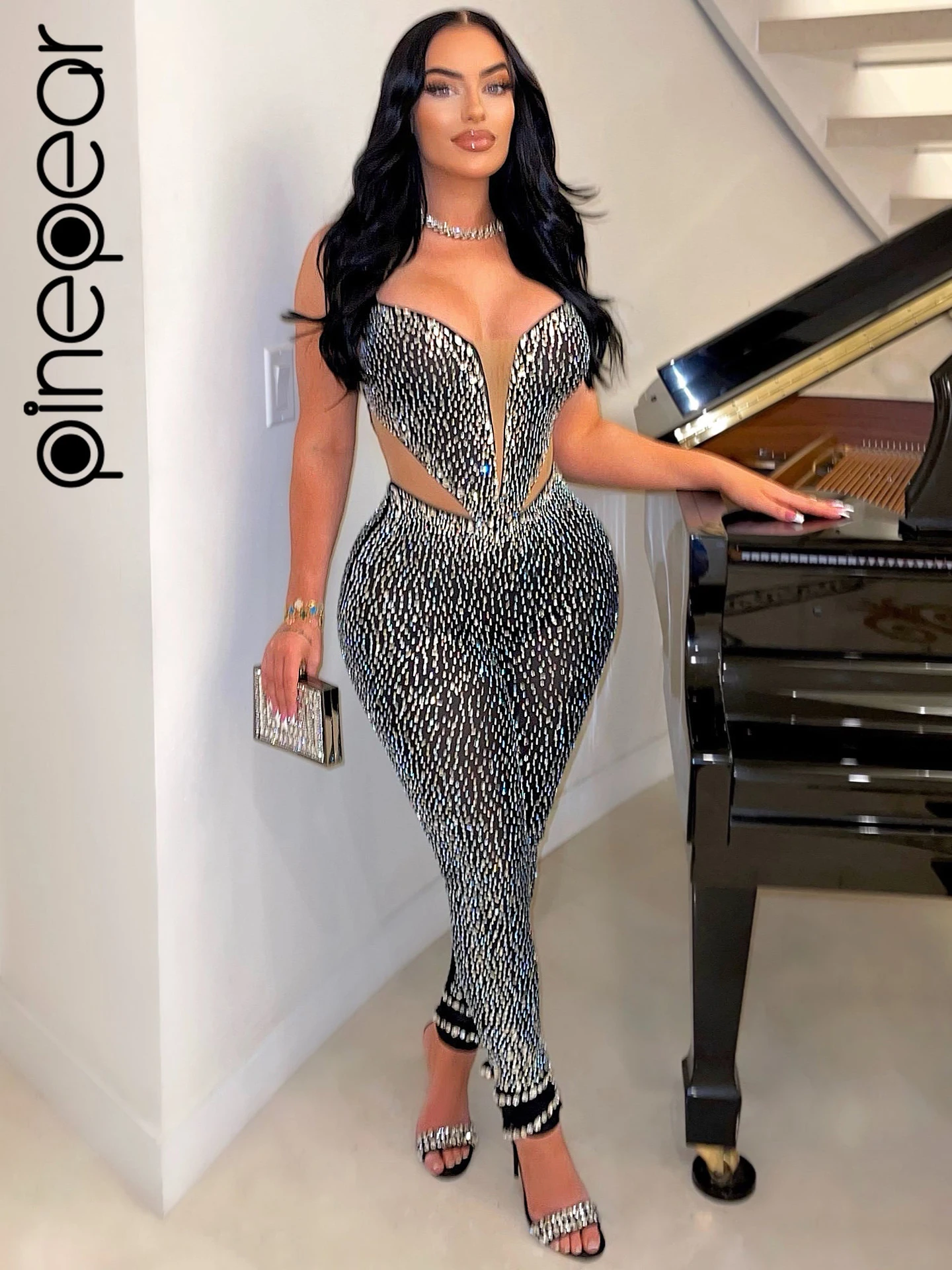 PinePear Diamonds Hot Rhinestones Strap Backless Bodycon Long Jumpsuits Women Sheer Mesh Patchwork Sexy Club Party Overalls 2024