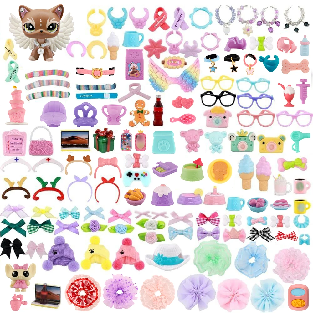 

Mini Accessories Pack Lot (Random 25 PCS)Bottles Hat Clothes Bow Skirt Collar Food and Drink Fit Cat Collie Dog Figure Toys