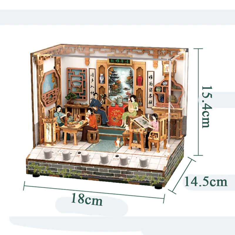 DIY Wooden Doll Houses Chinese Tea House Casa Miniature Building Kits with Furniture USB Power Dollhouse for Adults Xmas Gifts