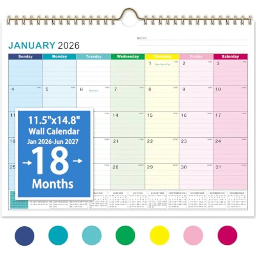 

2026 Wall Calendar - 18 Monthly Calendar 2026-2027 Jan 2026 - Jun 2027 15" x 11.5" Hanging Wall Calendar 2026 with Thick Paper