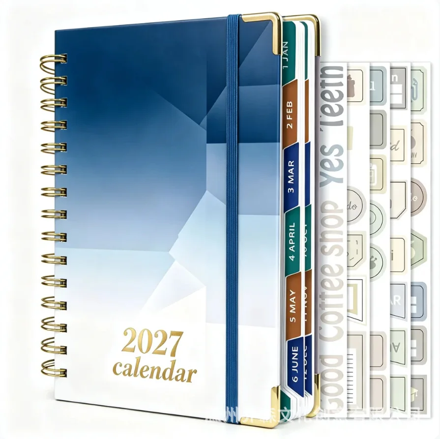 2027 Daily Planner Diary A5 Spiral Notebook with 160 Sheets Ruled Paper, PVC Geometric Gradient Cover and Sticker Accessory for