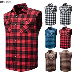 2026 Men's Plaid Sleeveless Vests Turn-down Collar Shirts Vest Casual Single-breasted Plaid Tank Top Outdoor Sport Vests for Men