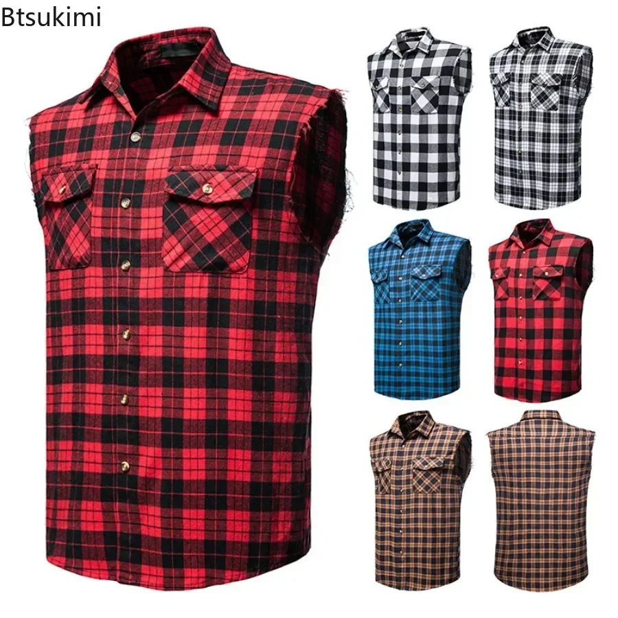 2025 Men's Plaid Sleeveless Vests Turn-down Collar Shirts Vest Casual Single-breasted Plaid Tank Top Outdoor Sport Vests for Men