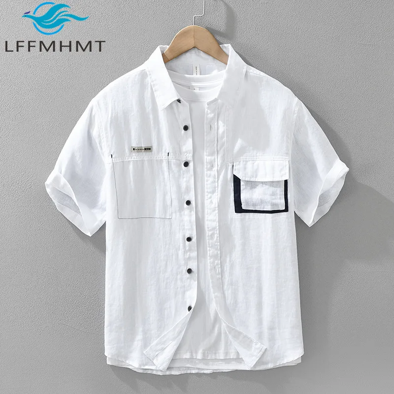 

8117 100% Linen Good Quality Men's Shirt Summer New Fashion Contrast Color Patchwork Pocket Short Sleeve Relax Fit Casual Blouse