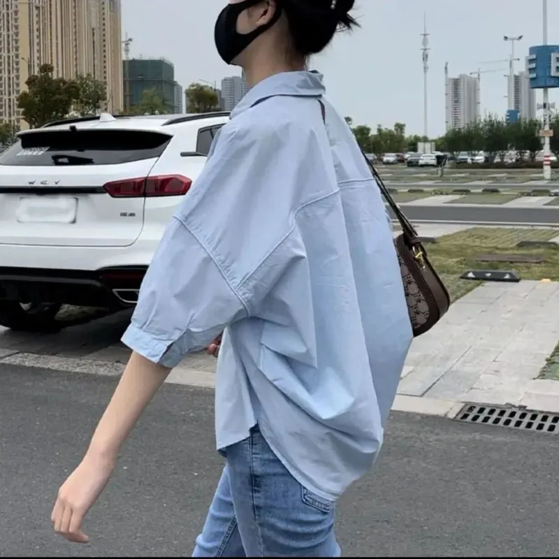 DAYIFUN-Women's Back Hollow Out Shirt,Summer Korean Lapel Collar,Short Sleeved Loose Tops,Office Ladies,Casual,Simple Blouses