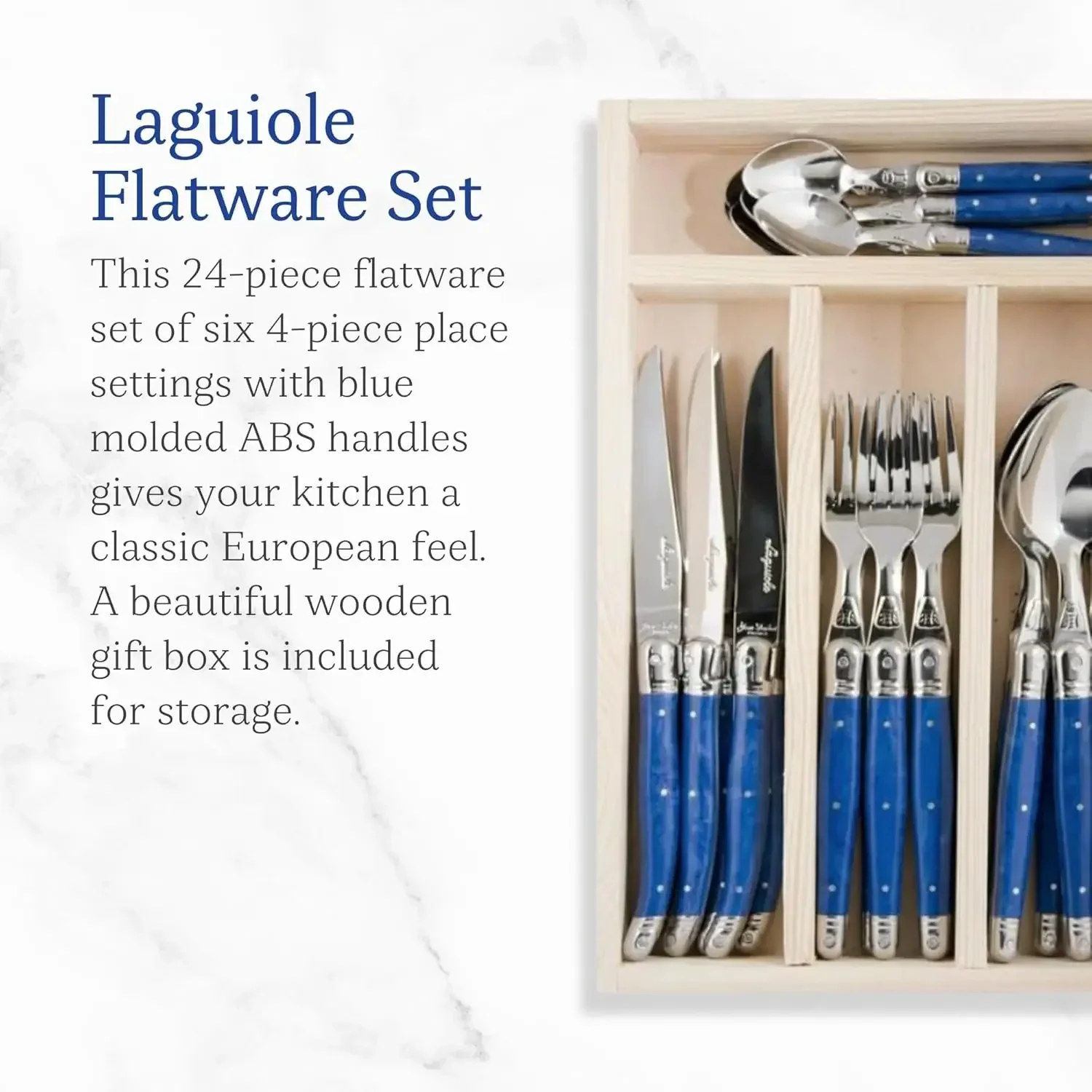 Flatware Set Laguiole 24-Piece with Blue Handles Rust-Resistant Stainless Steel Includes Wooden Tray Made in France