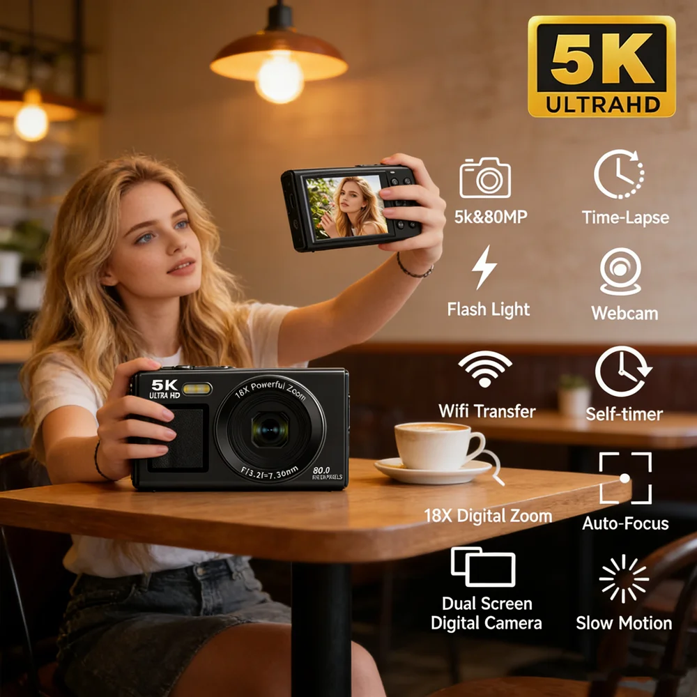 

Цифровая фотокамера 5K с двумя экранами для детей и взрослых, 80 МП, ретро-дизайн, CCD-матрица, автофокус, 18-кратный зум