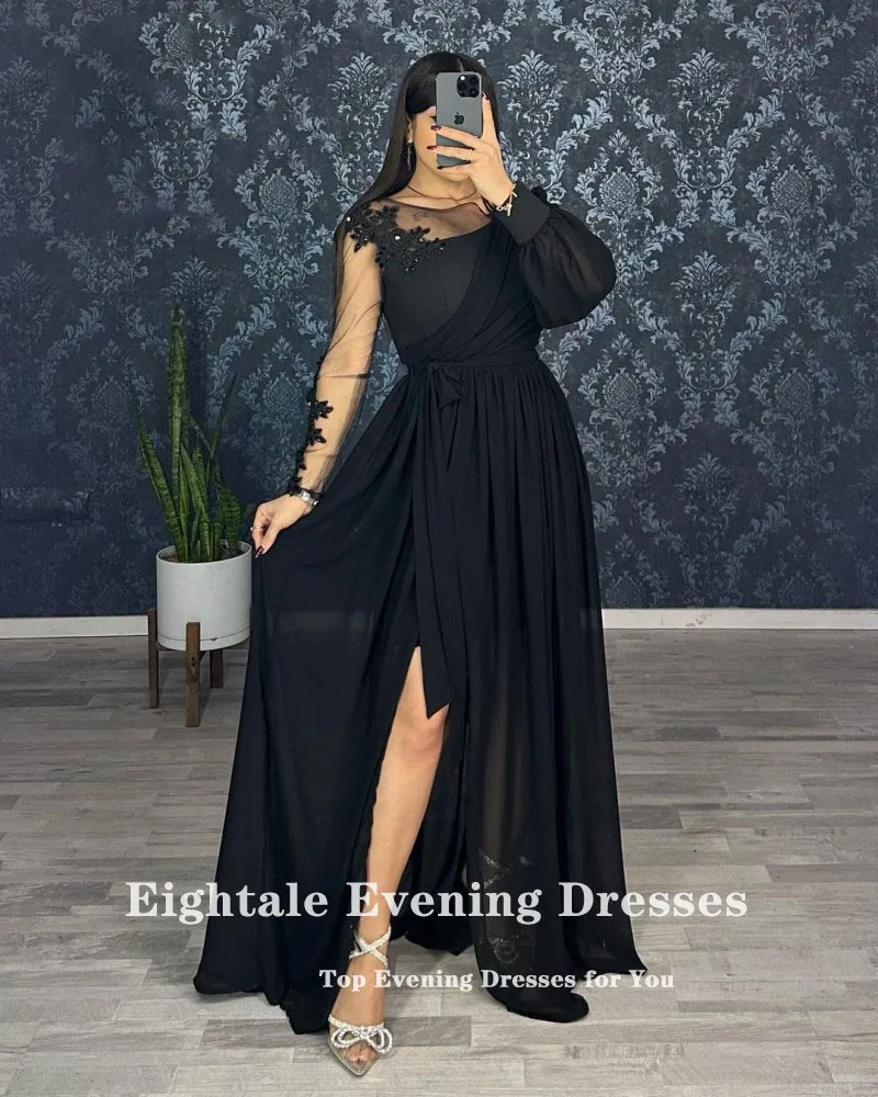 Eightale elegante vestidos de noite O-Neck apliques frisado personalizado Chiffon mangas compridas Prom Party Gown abendkleid