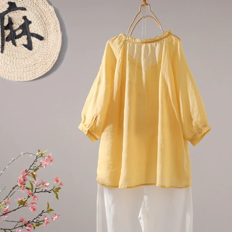 Cotton Linen Blouse for Women, Vintage Embroidery, Loose Half Sleeved, Elegant Female Pulls, Top Quality, Summer Outwear