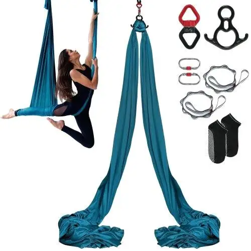 8.7 Yards Aerial Silk Yoga Swing Kit - 100gsm Nylon Hammock with Rigging Hardware & Setup Guide for all Levels Fitness, Green