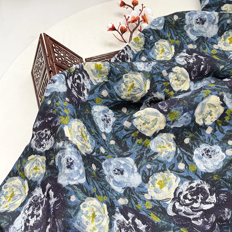 

Blue quiet rose cotton linen fabric vintage oil painting style sewing fabric, making clothing children's clothing Home décor