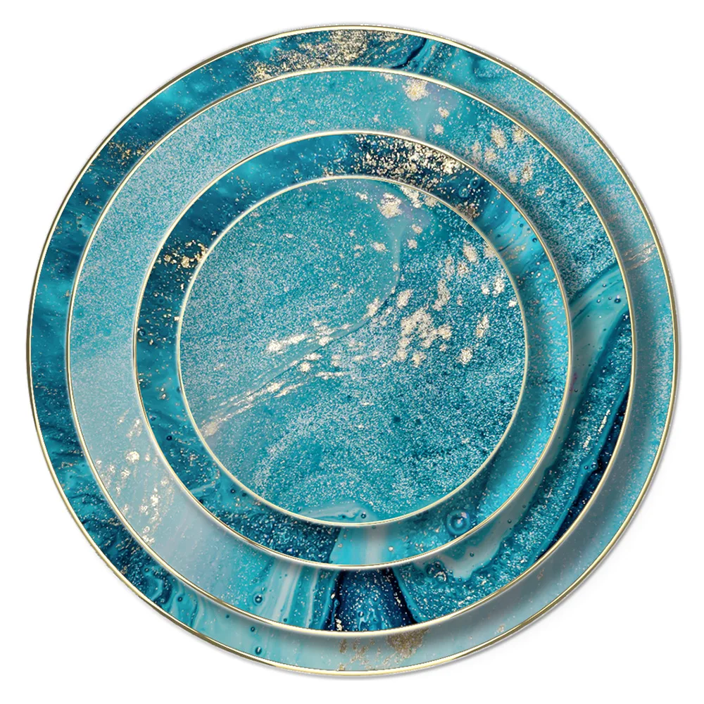 Luxury Bone China Dinning Plates Set Blue Starry Sky Porcelain Steak Spaghetti Salad Dessert Plate,Ceramic Cake Stand Rack
