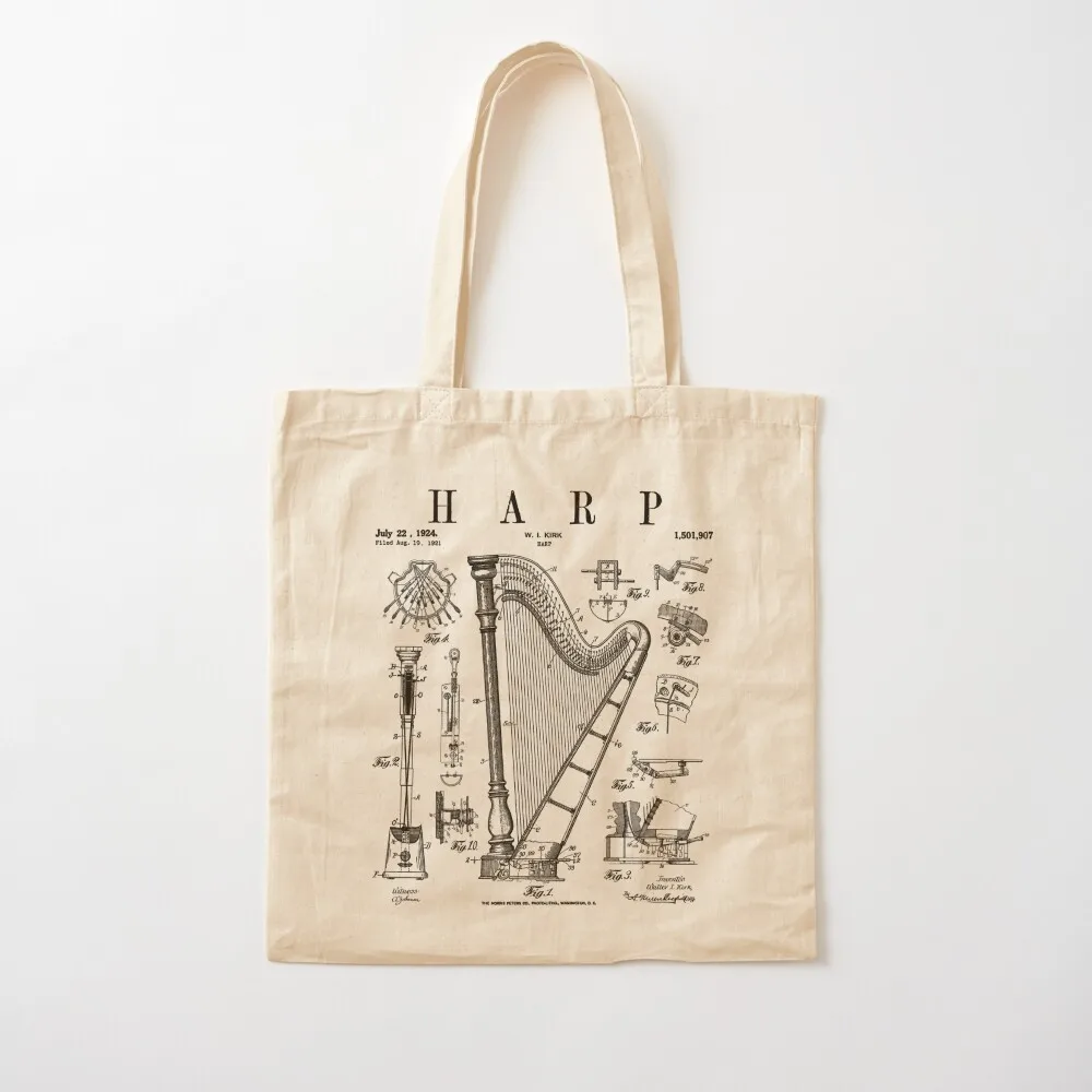 Harp Vintage Patent Harpist Drawing Print Tote Bag Customizable tote bag Gift bags bags luxury women Canvas Tote Bag