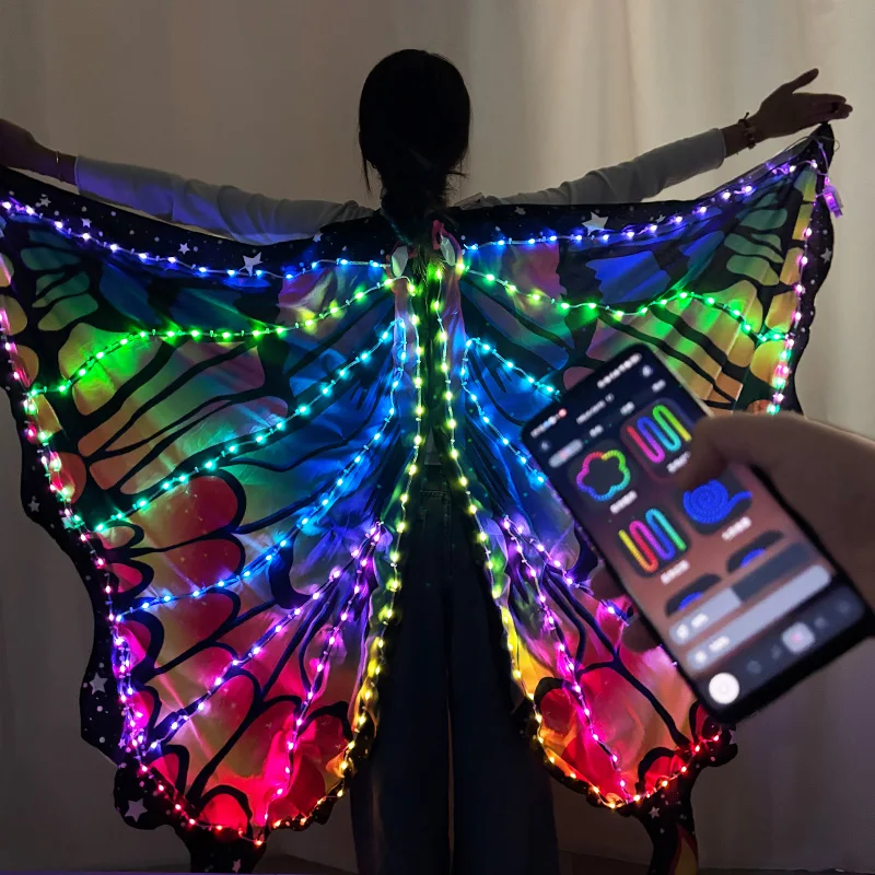 Control por aplicación RGB LED alas de mariposa danza del vientre puesta en escena disfraz accesorios de baile alas LED traje brillante para chico adulto