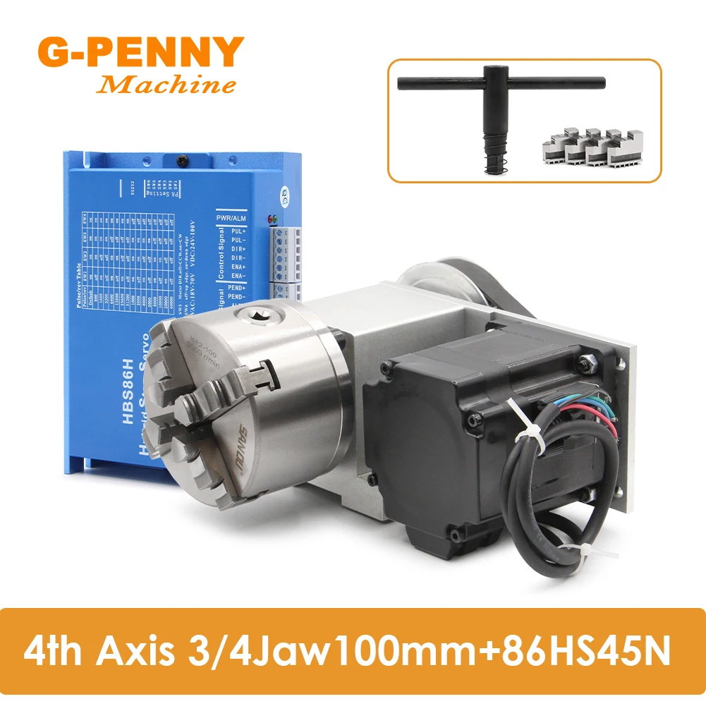 4th Axis 3/4Jaw 100mm CNC dividing head/Rotation Axis/A axis kit NEMA34 86HS45N 4.5N.m & HBS86H Closed loop stepper motor