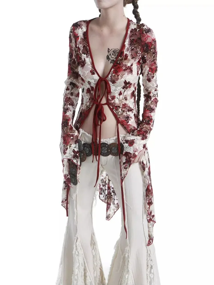 Vintage Gothic Flower Tie Dye Lace Shirts Women Y2k Sexy V-neck Slim Fit Up Blouses 2024 New Long Sleeve Cardigan Tops