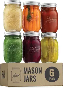Stoples Mason 16 oz-Stoples Kaca Mulut Biasa 6 Bungkus dengan Penutup & Pita Segel-Wadah Kedap Udara untuk Pengawetan, Pengalengan, Selai, atau Jeli 8 gelas mason jar penjualan terbaik - №