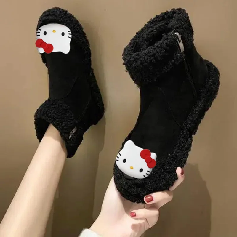 여성용 플랫 부츠 신발 안티 스키 양 컬 울 Sanrio 헬로 키티 겨울 캐주얼 신발 새로운 열 양털면 신발