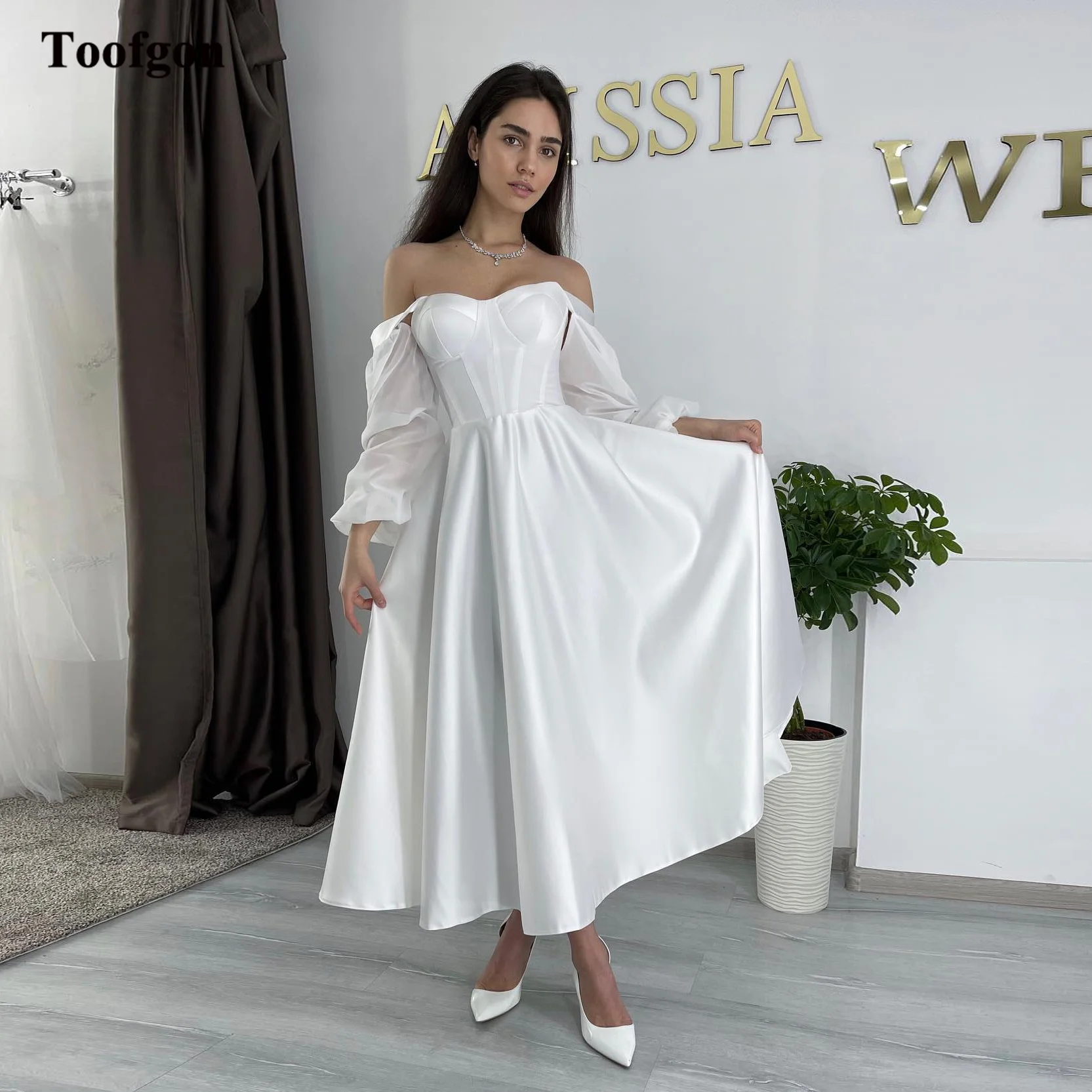 

Toofgon Chic Simple Satin Wedding Dresses With Long Sleeves A Line Tea-Length Lacing Midi Bride Dress Bride Wedding Party Gowns