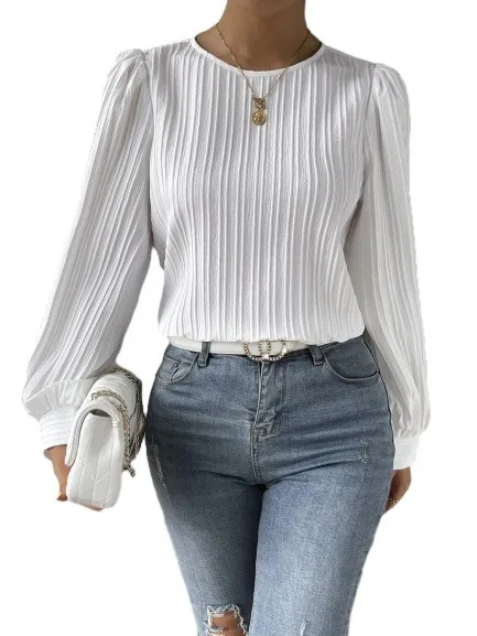 Women Blouse Long Sleeve Solid Color White Blouses Pleated Balloon Sleeve Light Blue Chiffon Blouse Crop Slim Fit Burgundy Top - view 5