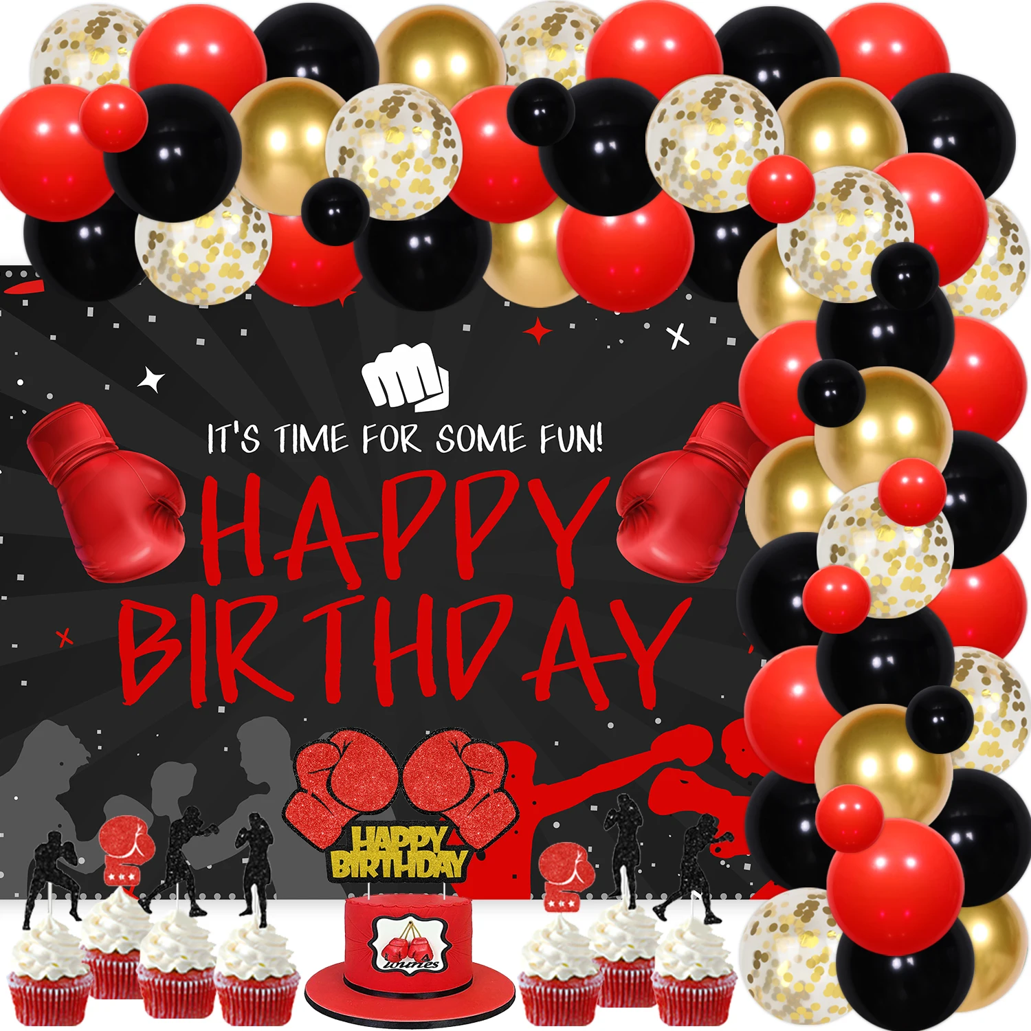 Boxing Themed Birthday Party Decor Match Red and Black Balloon Garland Kit Happy Birthday Backdrop Wrestling Fight Sports