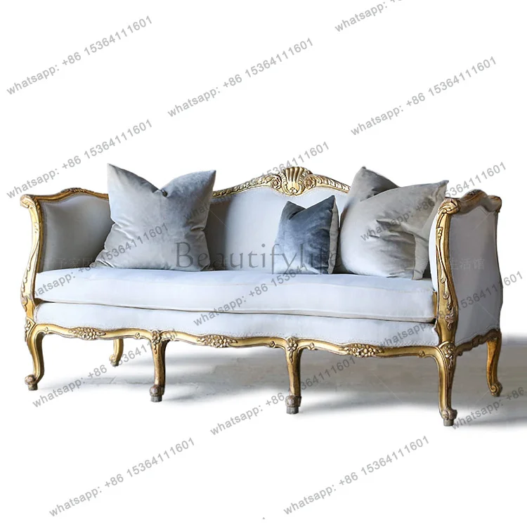 Retro fabric sofa carved gold living room old sofa