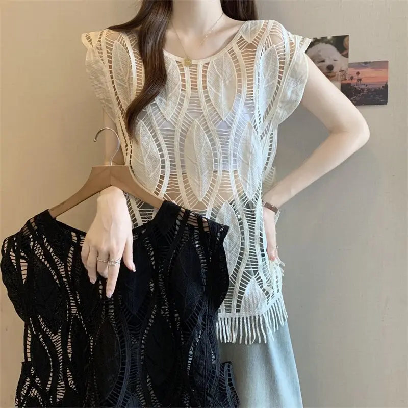 2025 Summer New Hollow Out Bohemian Style Simple Versatile Solid Color Casual Loose Sleeveless Tank Fringed Vest Top