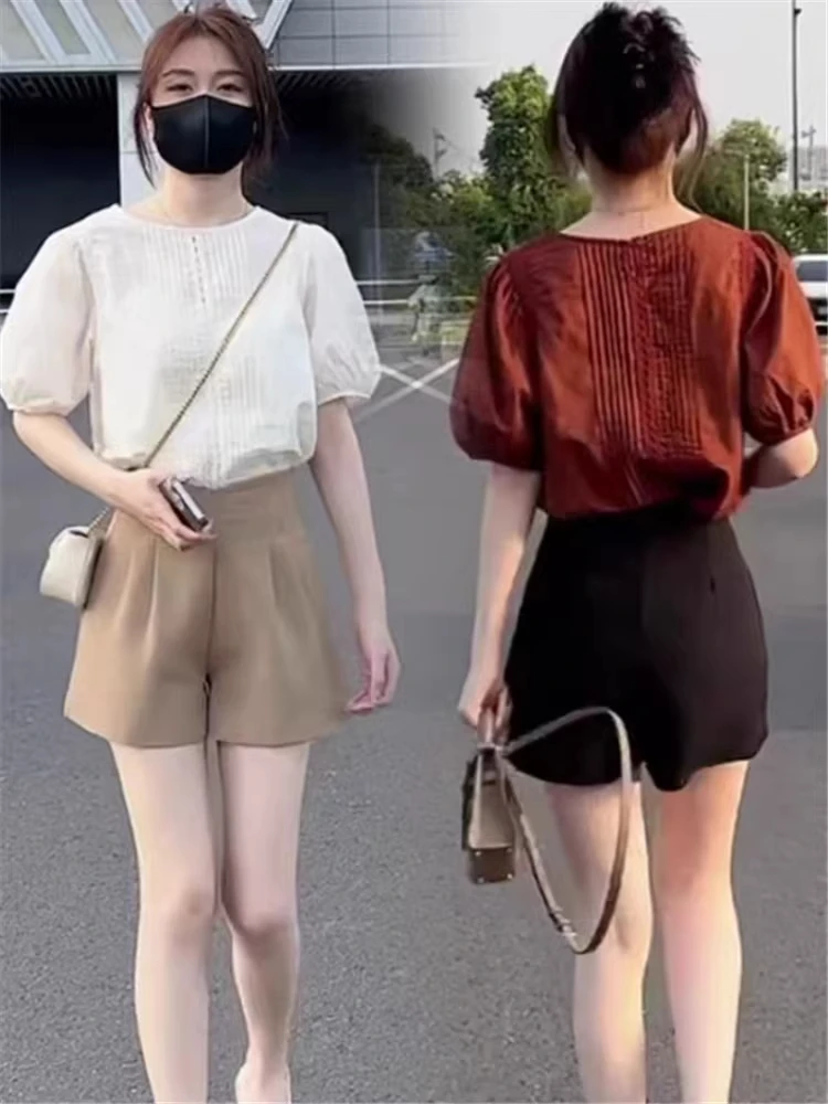 

Новая летняя женская блузка с коротким рукавом, плиссированным ажурным дизайном и рукавами-фонариками, модный топ в корейском стиле, свободный крой