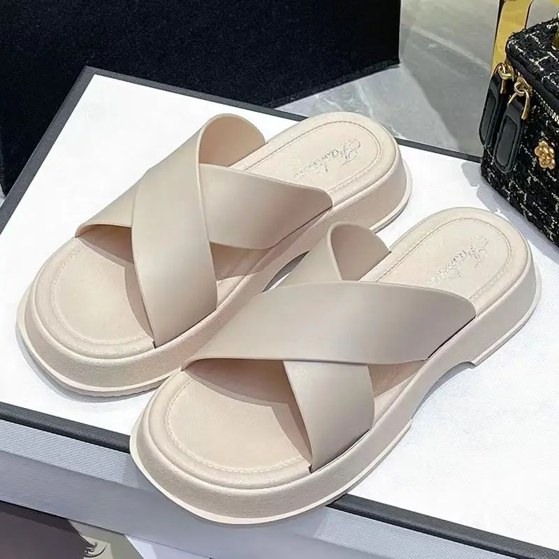 New Women's Summer Cross Strap Thick Sole Slippers Soft Sole Non Slip Outdoor Beach Slippers Elevator Slippers