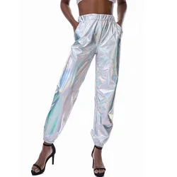 Women Shiny Rave Pants Loose Holographic Clothes Silver Pants Dance Wetlook Hip Hop Punk Pants Sweatpants Streetwear Joggers
