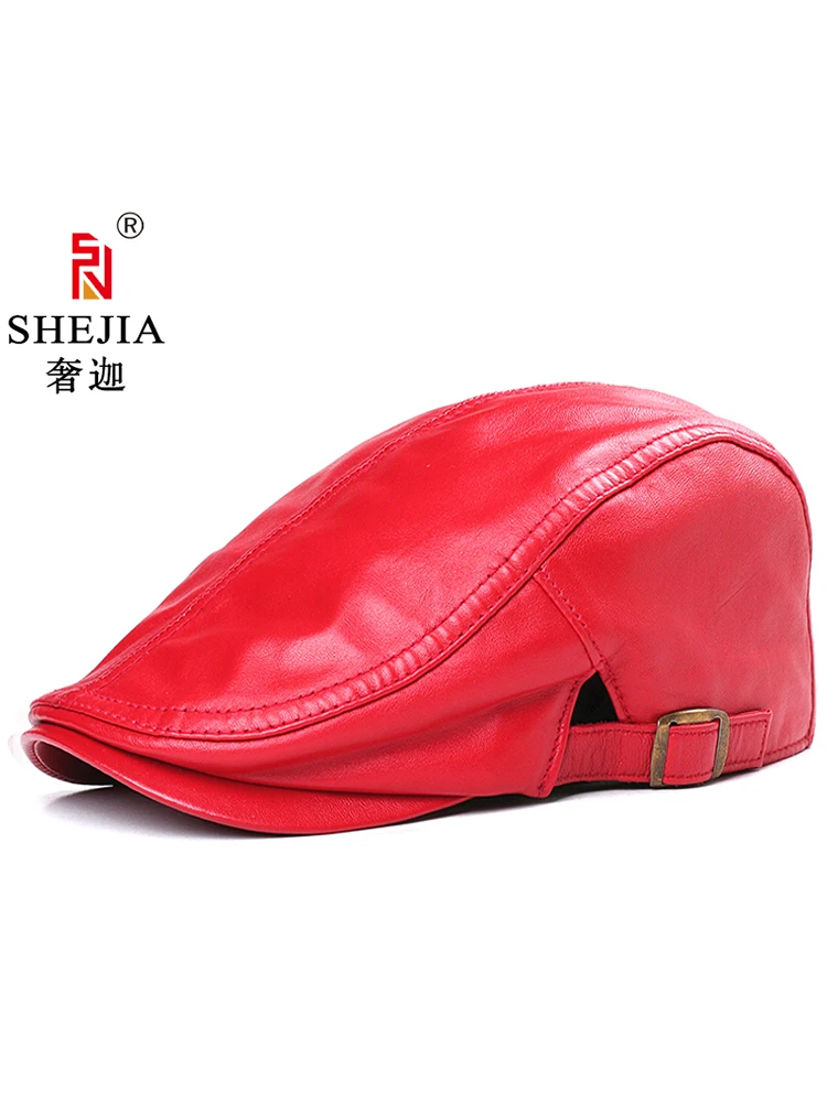 luxury-genuine-leather-beret-hat-women-spring-autumn-winter-thin-casual-leather-korean-style-duckbill-cap-adjustable-round-top