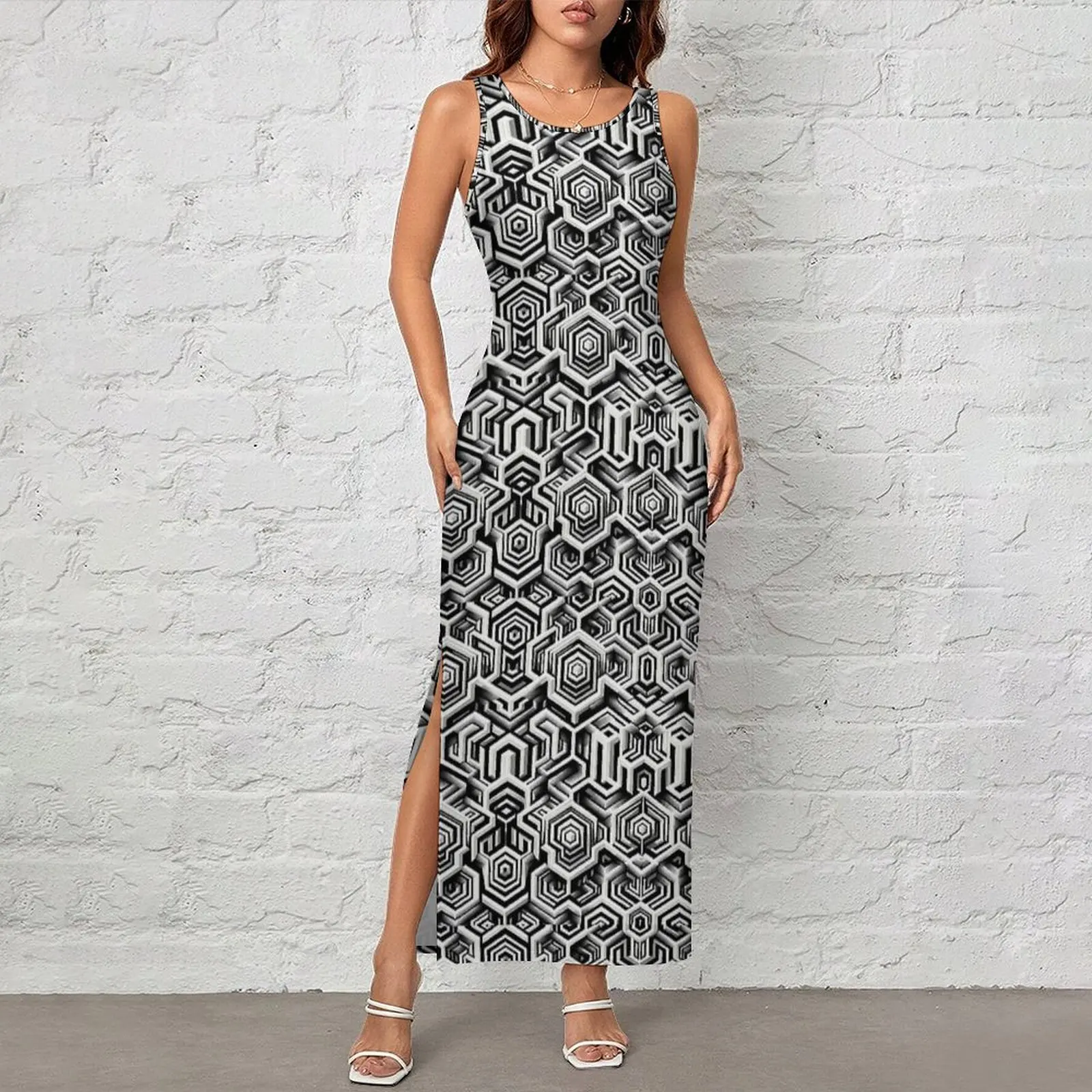 Black White Optical Geometry Bodycon Dress Summer  Vintage Maxi Dresses Woman Sleeveless Custom Street Fashion Dress Large Size