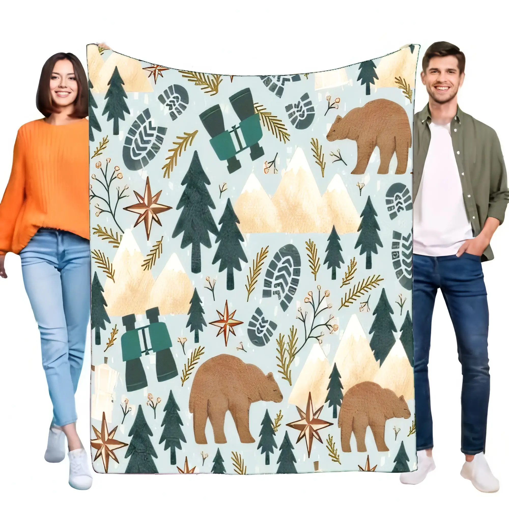 Soft Plush Bear Mountain Forest Adventure Throw Blanket Cozy Warm for Sofa Bed Camping Hiking Home Gift