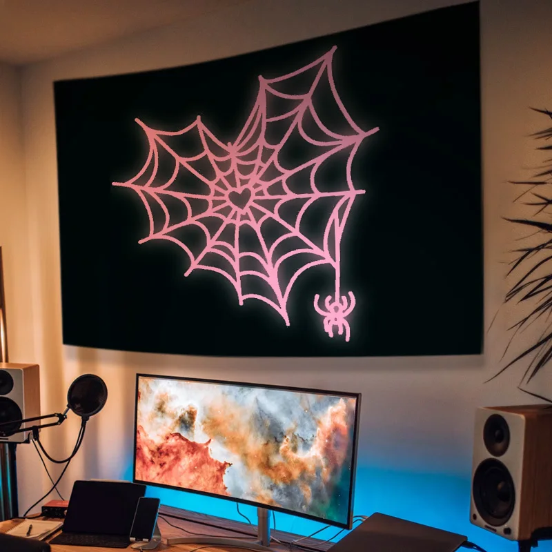 VIKAMA Dark Night Sweetheart Tapestry Pink Spider Web Heart Spider Living Room Bedroom Gothic Decorative Art Wall Background