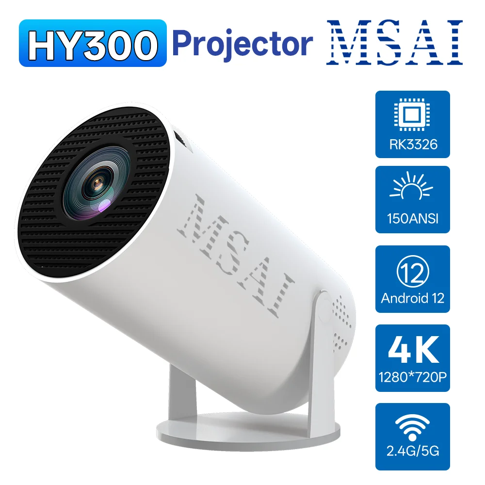 

Проектор MSAI HY300, многоязычный, Android 12, 1024x720P, 4-точечная коррекция трапецеидальных искажений, экран 40-120 дюймов, беспроводная передача изображения для дома и улицы