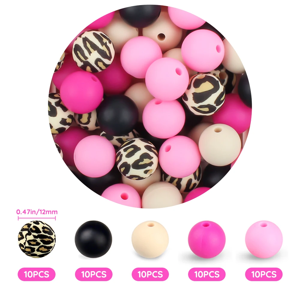 50Pcs 12MM Round Silicone Beads Leopard Print Round Ball Pearl DIY Chewable Baby Safe Teether Toys Baby Teething Beads Accessory