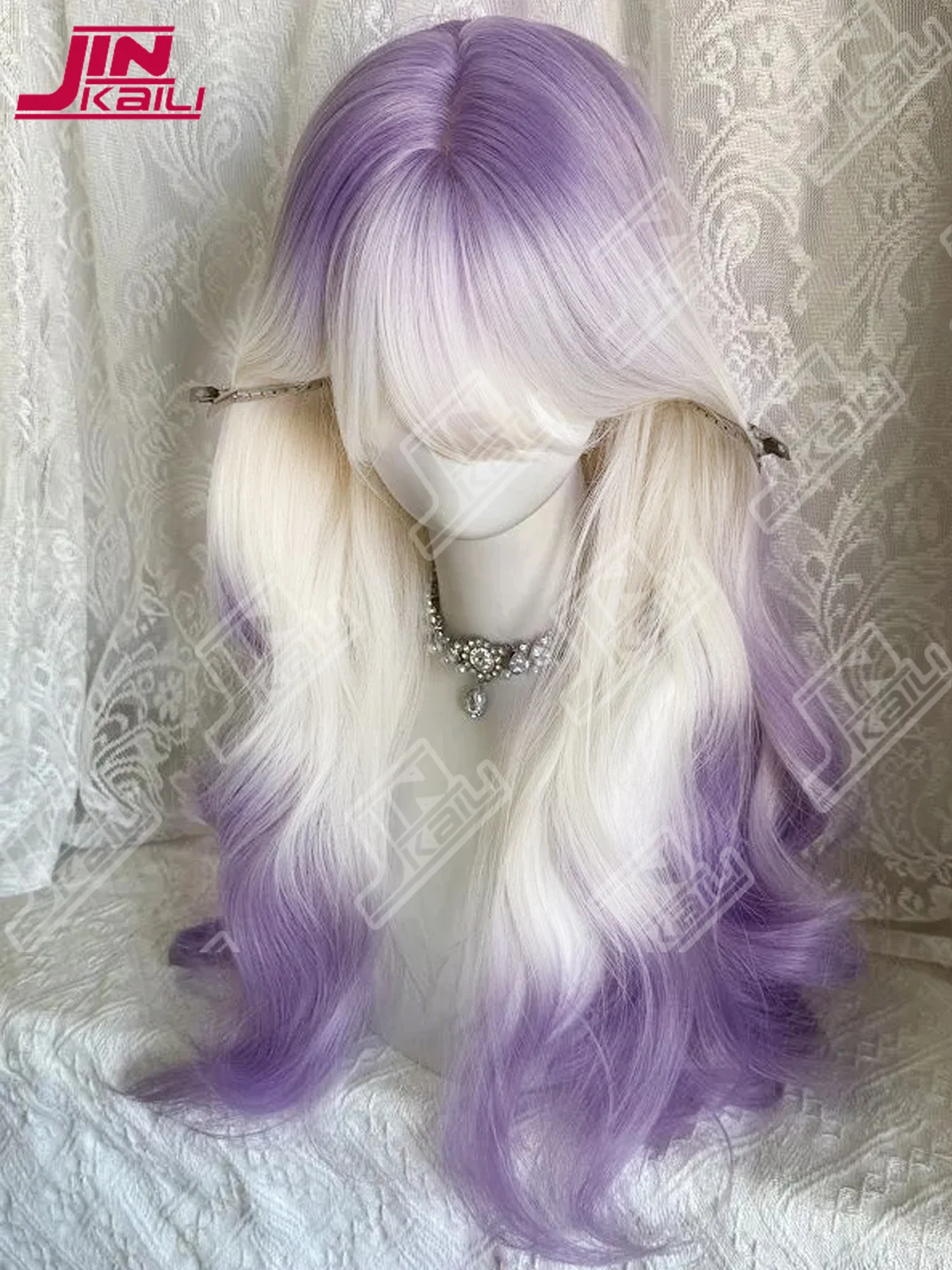 JKL الاصطناعية النساء لوليتا متموج مجعد الحليب الأبيض التدرج البنفسجي اللون طويل مجعد خصلات الشعر المستعار مع الانفجارات شعر مستعار تأثيري #3