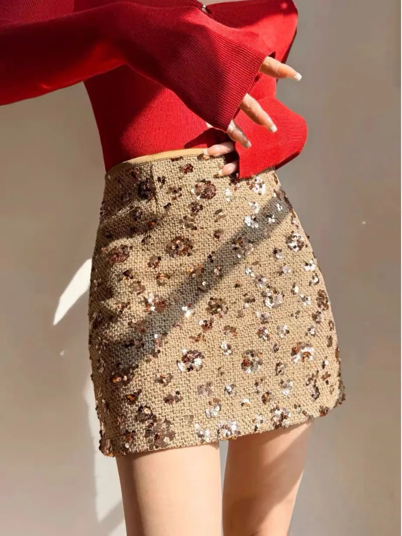 

Sparkling Sequin Bodycon Mini Skirt Women's Glamorous Design High Waist Skirts Gold Silver＆Black Options Perfect For Party＆daily