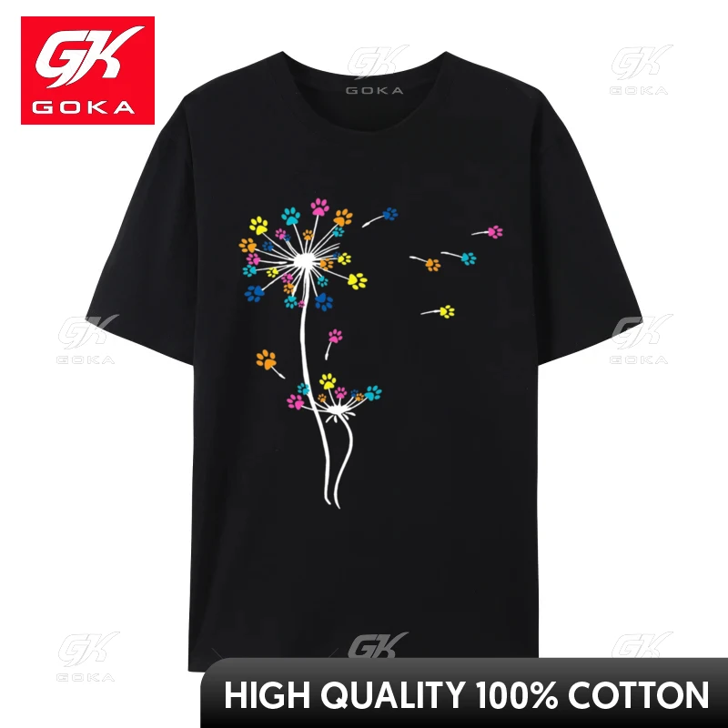 Cute Colorful Dog Paw Print Dog Flowers Dandelion Dog Lovers T-Shirt Tops & Tees Oversized Europe Cotton Men's T Shirt