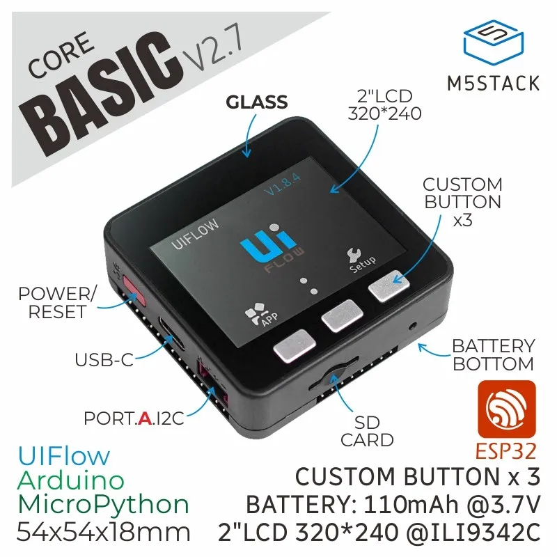 M5Stack Basic Core v2.7 ESP32 IoT Portable Development Kit