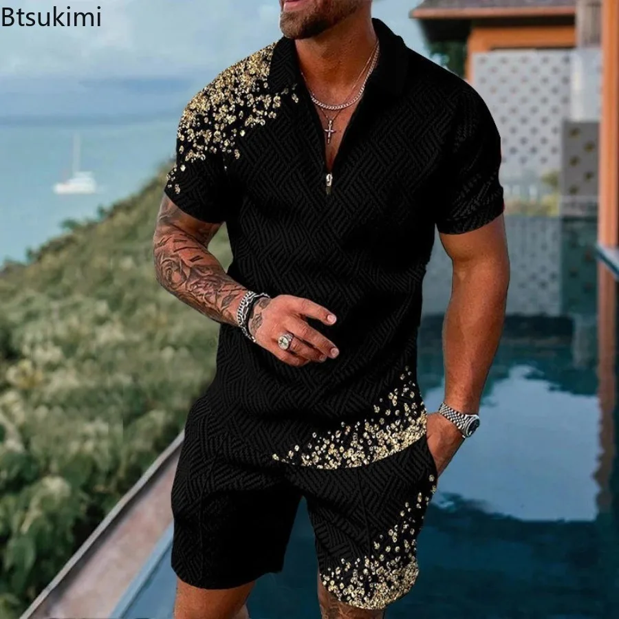 2024 Set di abiti estivi da uomo stampa 3D Polo con cerniera + pantaloncini Set di due pezzi Set di tute da uomo Casual di moda morbida