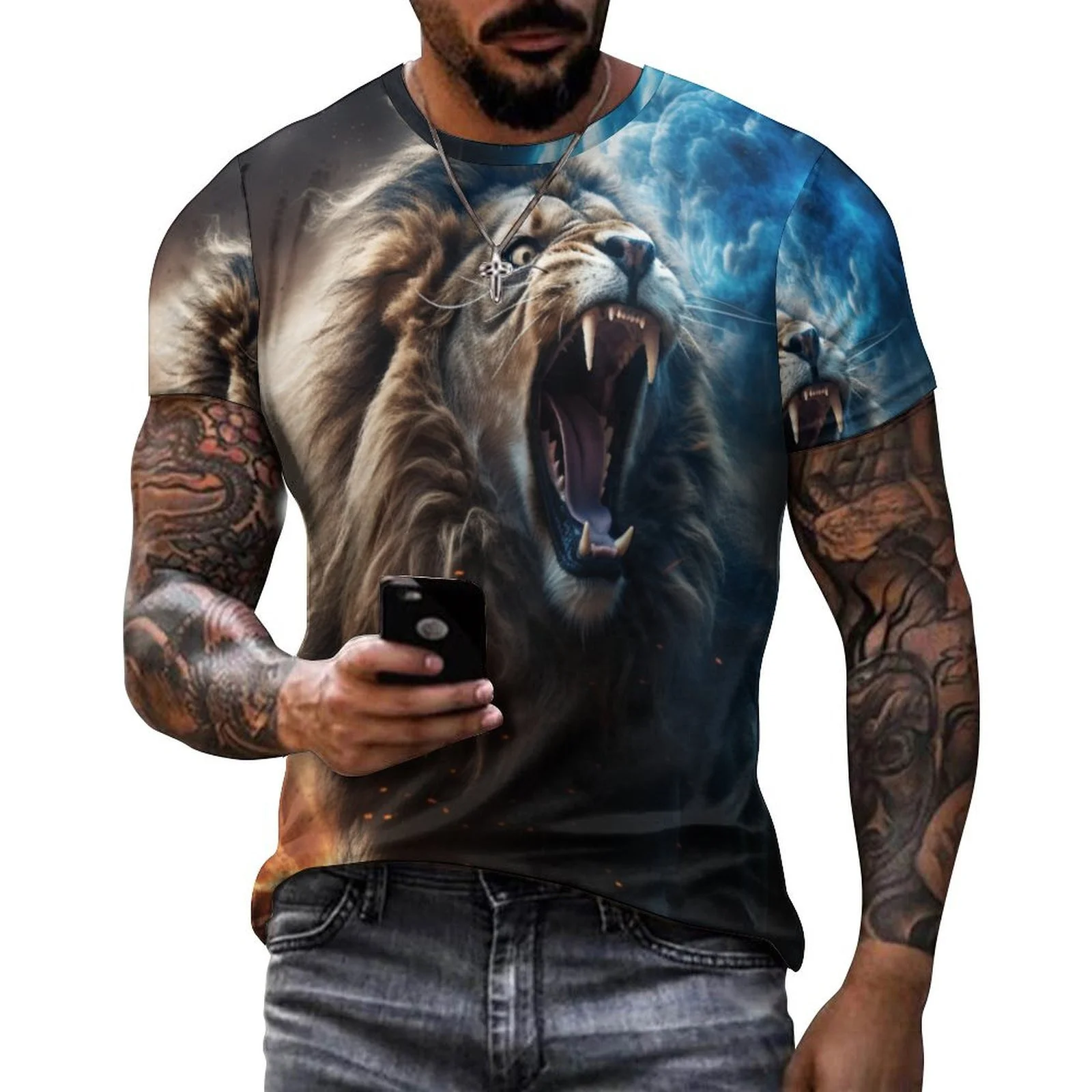 

2024 Men's 3D Graffiti Lion King Pattern T-shirt, Casual Cool Micro Stretch Breathable T-shirt, Outdoor Summer Men's Wear