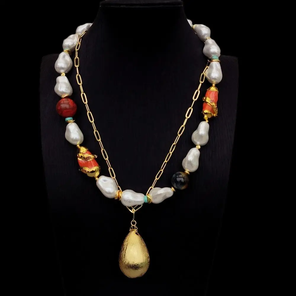 Y·YING White Sea Shell Pearl Orange Coral Tiger Eye Gold Plated Chain Necklace Brushed Pendant