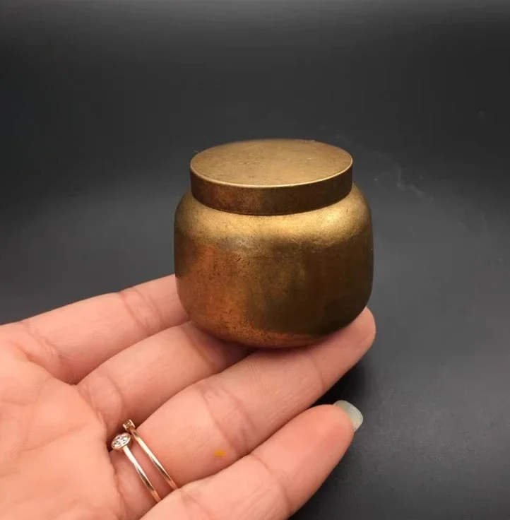 Chinese Antique Copper Brass Small Tea Caddy Jar Crafts Home Orna